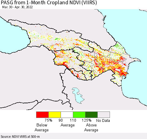 Azerbaijan, Armenia and Georgia PASG from 1-Month Cropland NDVI (VIIRS) Thematic Map For 4/23/2022 - 4/30/2022