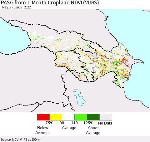 Azerbaijan, Armenia and Georgia PASG from 1-Month Cropland NDVI (VIIRS) Thematic Map For 6/2/2022 - 6/9/2022