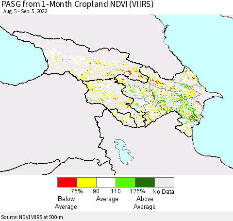 Azerbaijan, Armenia and Georgia PASG from 1-Month Cropland NDVI (VIIRS) Thematic Map For 8/29/2022 - 9/5/2022