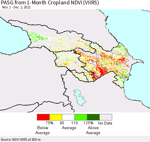 Azerbaijan, Armenia and Georgia PASG from 1-Month Cropland NDVI (VIIRS) Thematic Map For 11/25/2022 - 12/2/2022