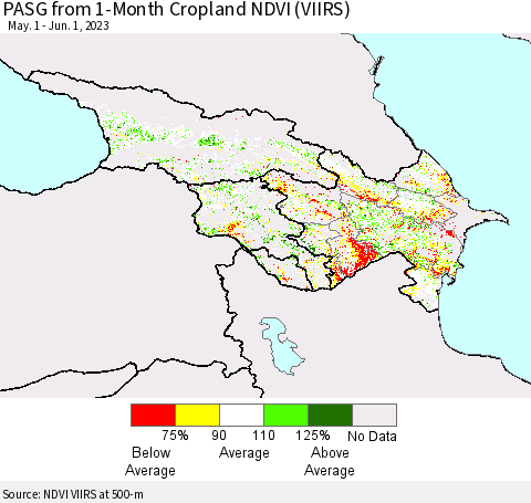 Azerbaijan, Armenia and Georgia PASG from 1-Month Cropland NDVI (VIIRS) Thematic Map For 5/25/2023 - 6/1/2023