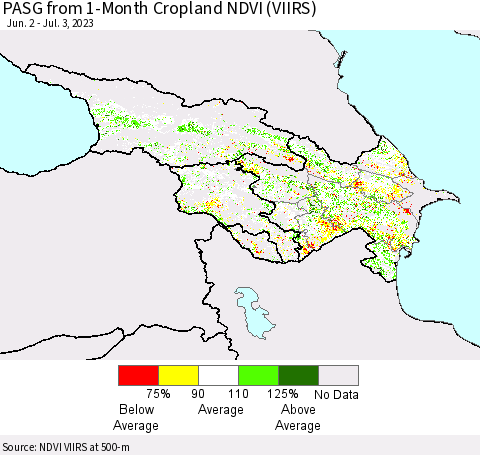 Azerbaijan, Armenia and Georgia PASG from 1-Month Cropland NDVI (VIIRS) Thematic Map For 6/26/2023 - 7/3/2023