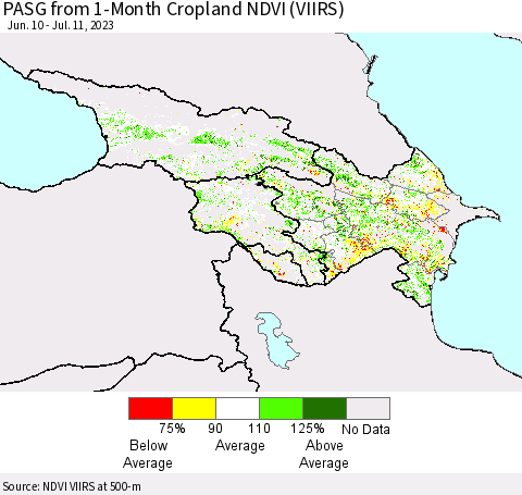 Azerbaijan, Armenia and Georgia PASG from 1-Month Cropland NDVI (VIIRS) Thematic Map For 7/4/2023 - 7/11/2023