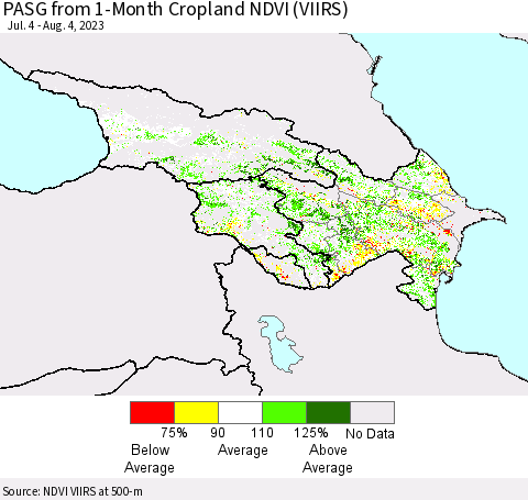 Azerbaijan, Armenia and Georgia PASG from 1-Month Cropland NDVI (VIIRS) Thematic Map For 7/28/2023 - 8/4/2023