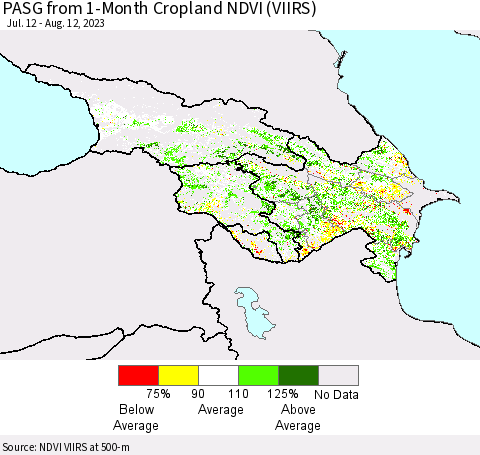 Azerbaijan, Armenia and Georgia PASG from 1-Month Cropland NDVI (VIIRS) Thematic Map For 8/5/2023 - 8/12/2023