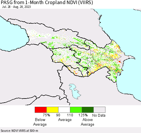 Azerbaijan, Armenia and Georgia PASG from 1-Month Cropland NDVI (VIIRS) Thematic Map For 8/21/2023 - 8/28/2023