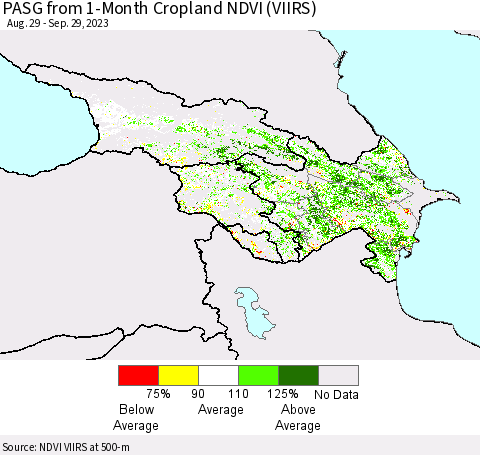 Azerbaijan, Armenia and Georgia PASG from 1-Month Cropland NDVI (VIIRS) Thematic Map For 9/22/2023 - 9/29/2023