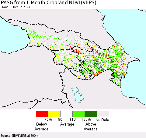 Azerbaijan, Armenia and Georgia PASG from 1-Month Cropland NDVI (VIIRS) Thematic Map For 11/25/2023 - 12/2/2023