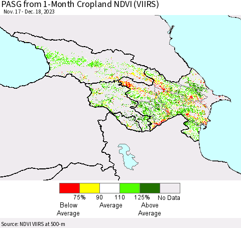 Azerbaijan, Armenia and Georgia PASG from 1-Month Cropland NDVI (VIIRS) Thematic Map For 12/11/2023 - 12/18/2023