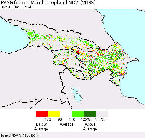 Azerbaijan, Armenia and Georgia PASG from 1-Month Cropland NDVI (VIIRS) Thematic Map For 1/1/2024 - 1/8/2024