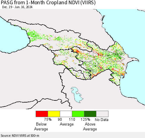 Azerbaijan, Armenia and Georgia PASG from 1-Month Cropland NDVI (VIIRS) Thematic Map For 1/9/2024 - 1/16/2024