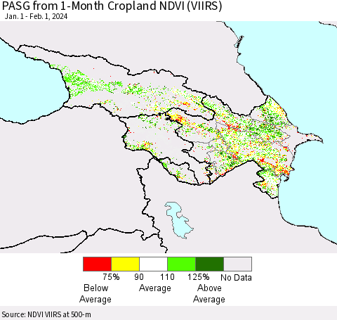 Azerbaijan, Armenia and Georgia PASG from 1-Month Cropland NDVI (VIIRS) Thematic Map For 1/25/2024 - 2/1/2024