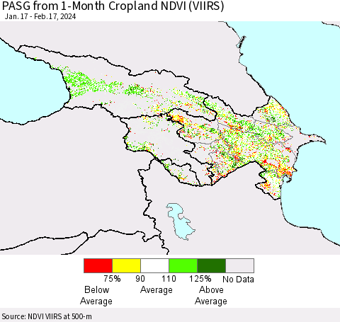Azerbaijan, Armenia and Georgia PASG from 1-Month Cropland NDVI (VIIRS) Thematic Map For 2/10/2024 - 2/17/2024