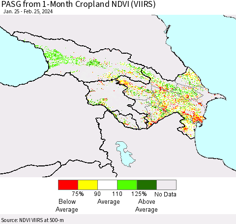 Azerbaijan, Armenia and Georgia PASG from 1-Month Cropland NDVI (VIIRS) Thematic Map For 2/18/2024 - 2/25/2024