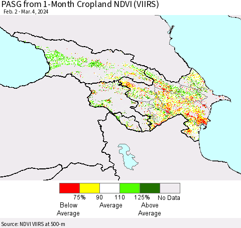 Azerbaijan, Armenia and Georgia PASG from 1-Month Cropland NDVI (VIIRS) Thematic Map For 2/26/2024 - 3/4/2024