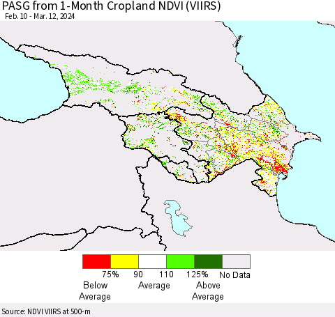 Azerbaijan, Armenia and Georgia PASG from 1-Month Cropland NDVI (VIIRS) Thematic Map For 3/5/2024 - 3/12/2024