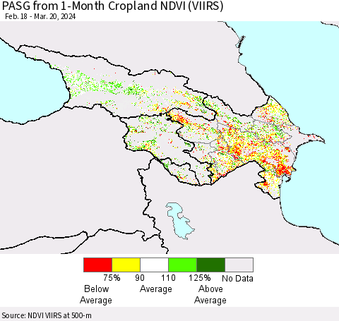 Azerbaijan, Armenia and Georgia PASG from 1-Month Cropland NDVI (VIIRS) Thematic Map For 3/13/2024 - 3/20/2024