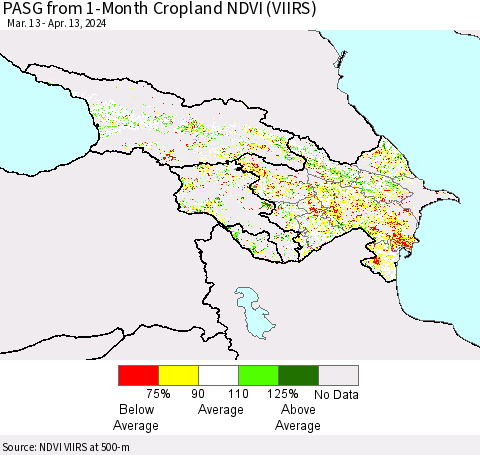 Azerbaijan, Armenia and Georgia PASG from 1-Month Cropland NDVI (VIIRS) Thematic Map For 4/6/2024 - 4/13/2024