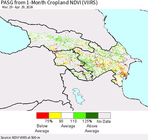 Azerbaijan, Armenia and Georgia PASG from 1-Month Cropland NDVI (VIIRS) Thematic Map For 4/22/2024 - 4/29/2024