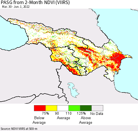 Azerbaijan, Armenia and Georgia PASG from 2-Month NDVI (VIIRS) Thematic Map For 5/25/2022 - 6/1/2022