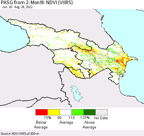 Azerbaijan, Armenia and Georgia PASG from 2-Month NDVI (VIIRS) Thematic Map For 8/21/2022 - 8/28/2022