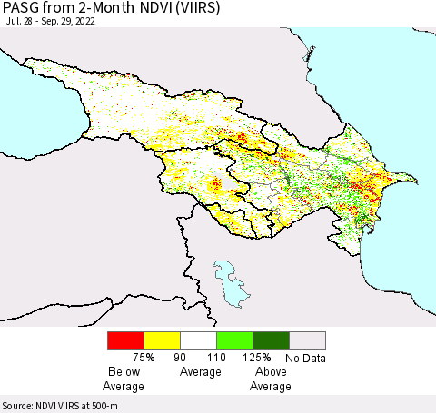 Azerbaijan, Armenia and Georgia PASG from 2-Month NDVI (VIIRS) Thematic Map For 9/22/2022 - 9/29/2022