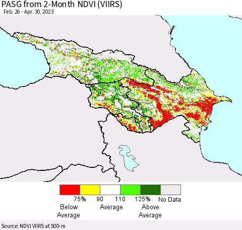 Azerbaijan, Armenia and Georgia PASG from 2-Month NDVI (VIIRS) Thematic Map For 4/23/2023 - 4/30/2023
