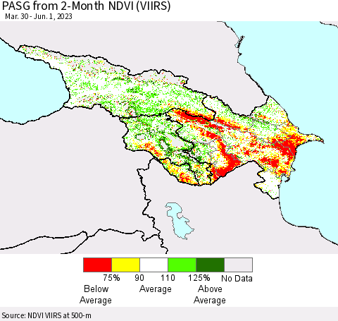 Azerbaijan, Armenia and Georgia PASG from 2-Month NDVI (VIIRS) Thematic Map For 5/25/2023 - 6/1/2023