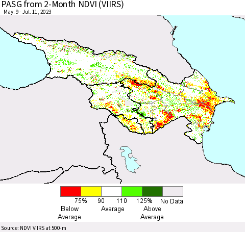 Azerbaijan, Armenia and Georgia PASG from 2-Month NDVI (VIIRS) Thematic Map For 7/4/2023 - 7/11/2023