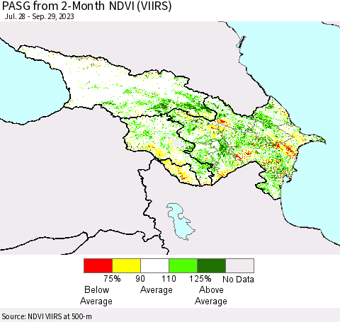 Azerbaijan, Armenia and Georgia PASG from 2-Month NDVI (VIIRS) Thematic Map For 9/22/2023 - 9/29/2023