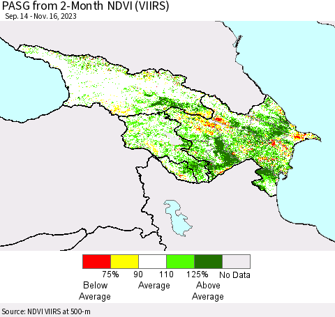 Azerbaijan, Armenia and Georgia PASG from 2-Month NDVI (VIIRS) Thematic Map For 11/9/2023 - 11/16/2023
