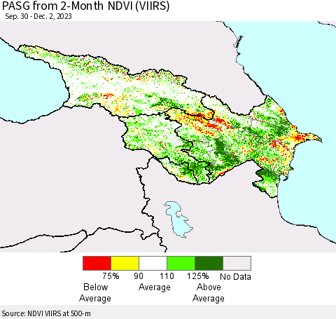 Azerbaijan, Armenia and Georgia PASG from 2-Month NDVI (VIIRS) Thematic Map For 11/25/2023 - 12/2/2023
