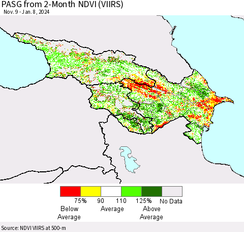 Azerbaijan, Armenia and Georgia PASG from 2-Month NDVI (VIIRS) Thematic Map For 1/1/2024 - 1/8/2024