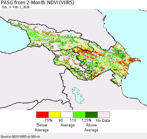 Azerbaijan, Armenia and Georgia PASG from 2-Month NDVI (VIIRS) Thematic Map For 1/25/2024 - 2/1/2024