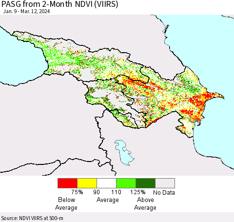 Azerbaijan, Armenia and Georgia PASG from 2-Month NDVI (VIIRS) Thematic Map For 3/5/2024 - 3/12/2024