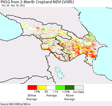 Azerbaijan, Armenia and Georgia PASG from 2-Month Cropland NDVI (VIIRS) Thematic Map For 4/23/2022 - 4/30/2022