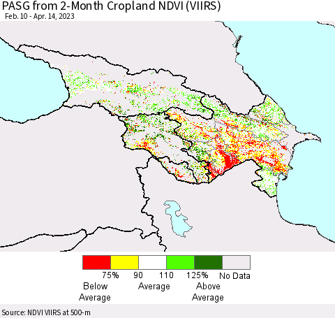 Azerbaijan, Armenia and Georgia PASG from 2-Month Cropland NDVI (VIIRS) Thematic Map For 4/7/2023 - 4/14/2023
