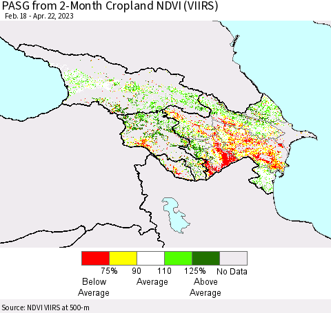 Azerbaijan, Armenia and Georgia PASG from 2-Month Cropland NDVI (VIIRS) Thematic Map For 4/15/2023 - 4/22/2023