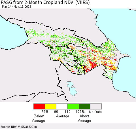 Azerbaijan, Armenia and Georgia PASG from 2-Month Cropland NDVI (VIIRS) Thematic Map For 5/9/2023 - 5/16/2023