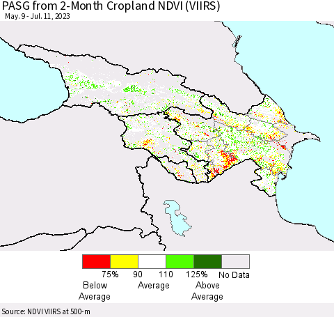 Azerbaijan, Armenia and Georgia PASG from 2-Month Cropland NDVI (VIIRS) Thematic Map For 7/4/2023 - 7/11/2023