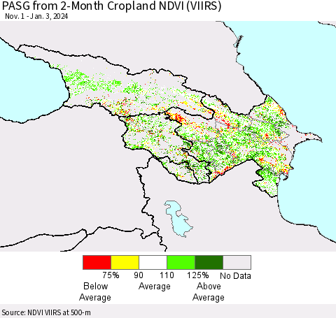 Azerbaijan, Armenia and Georgia PASG from 2-Month Cropland NDVI (VIIRS) Thematic Map For 12/27/2023 - 1/3/2024