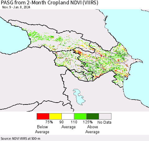 Azerbaijan, Armenia and Georgia PASG from 2-Month Cropland NDVI (VIIRS) Thematic Map For 1/1/2024 - 1/8/2024