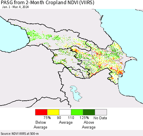 Azerbaijan, Armenia and Georgia PASG from 2-Month Cropland NDVI (VIIRS) Thematic Map For 2/26/2024 - 3/4/2024