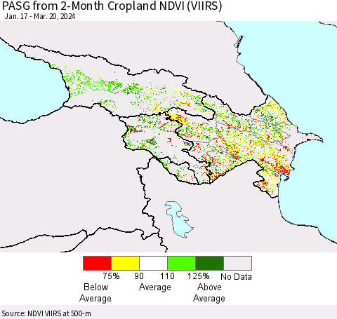 Azerbaijan, Armenia and Georgia PASG from 2-Month Cropland NDVI (VIIRS) Thematic Map For 3/13/2024 - 3/20/2024
