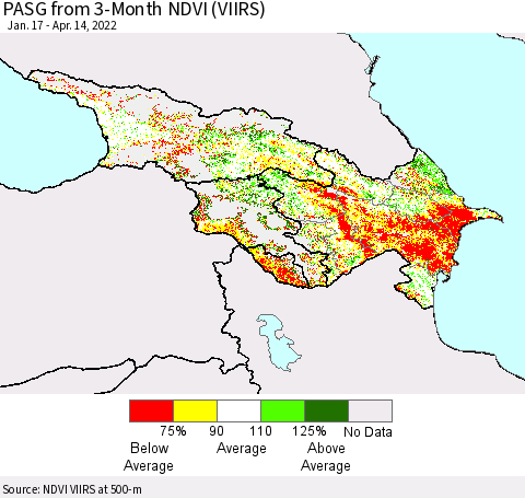 Azerbaijan, Armenia and Georgia PASG from 3-Month NDVI (VIIRS) Thematic Map For 4/7/2022 - 4/14/2022