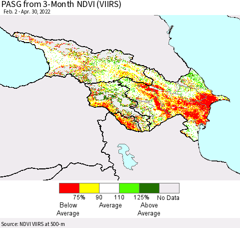 Azerbaijan, Armenia and Georgia PASG from 3-Month NDVI (VIIRS) Thematic Map For 4/23/2022 - 4/30/2022