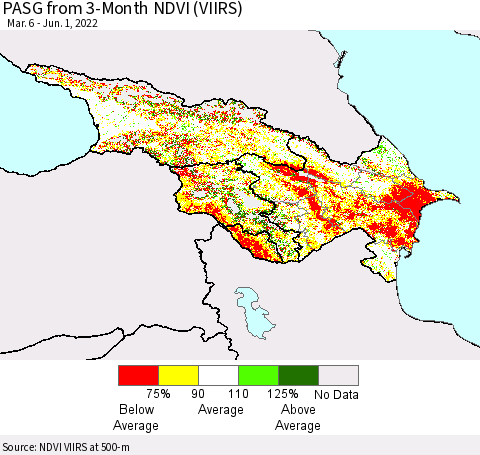 Azerbaijan, Armenia and Georgia PASG from 3-Month NDVI (VIIRS) Thematic Map For 5/25/2022 - 6/1/2022