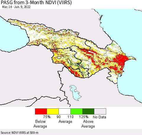 Azerbaijan, Armenia and Georgia PASG from 3-Month NDVI (VIIRS) Thematic Map For 6/2/2022 - 6/9/2022