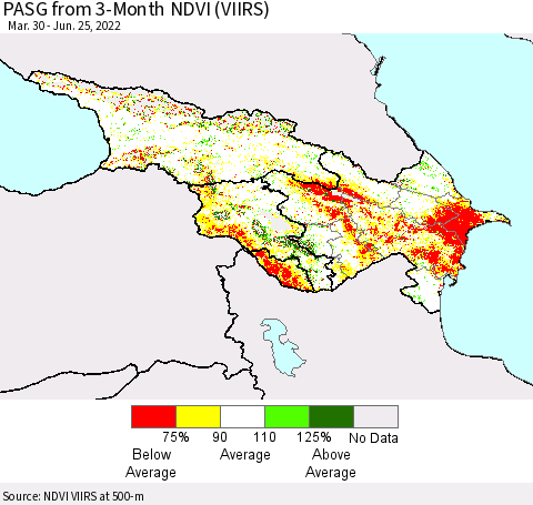 Azerbaijan, Armenia and Georgia PASG from 3-Month NDVI (VIIRS) Thematic Map For 6/18/2022 - 6/25/2022