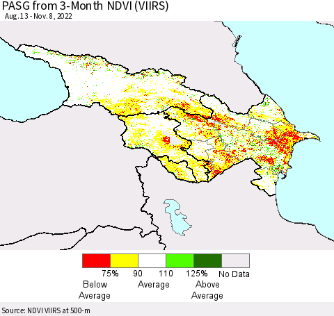 Azerbaijan, Armenia and Georgia PASG from 3-Month NDVI (VIIRS) Thematic Map For 11/1/2022 - 11/8/2022